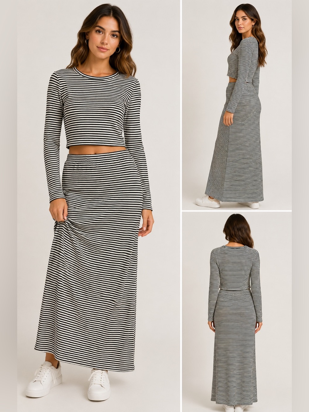 S-DEER Black White Striped 2 Piece Crop Top Maxi Skirt Set L NWT